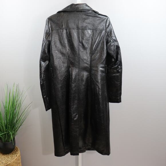 Azalea Wang Black Faux Leather Trench Coat M Croc Embossed Long Jacket - Picture 2 of 5